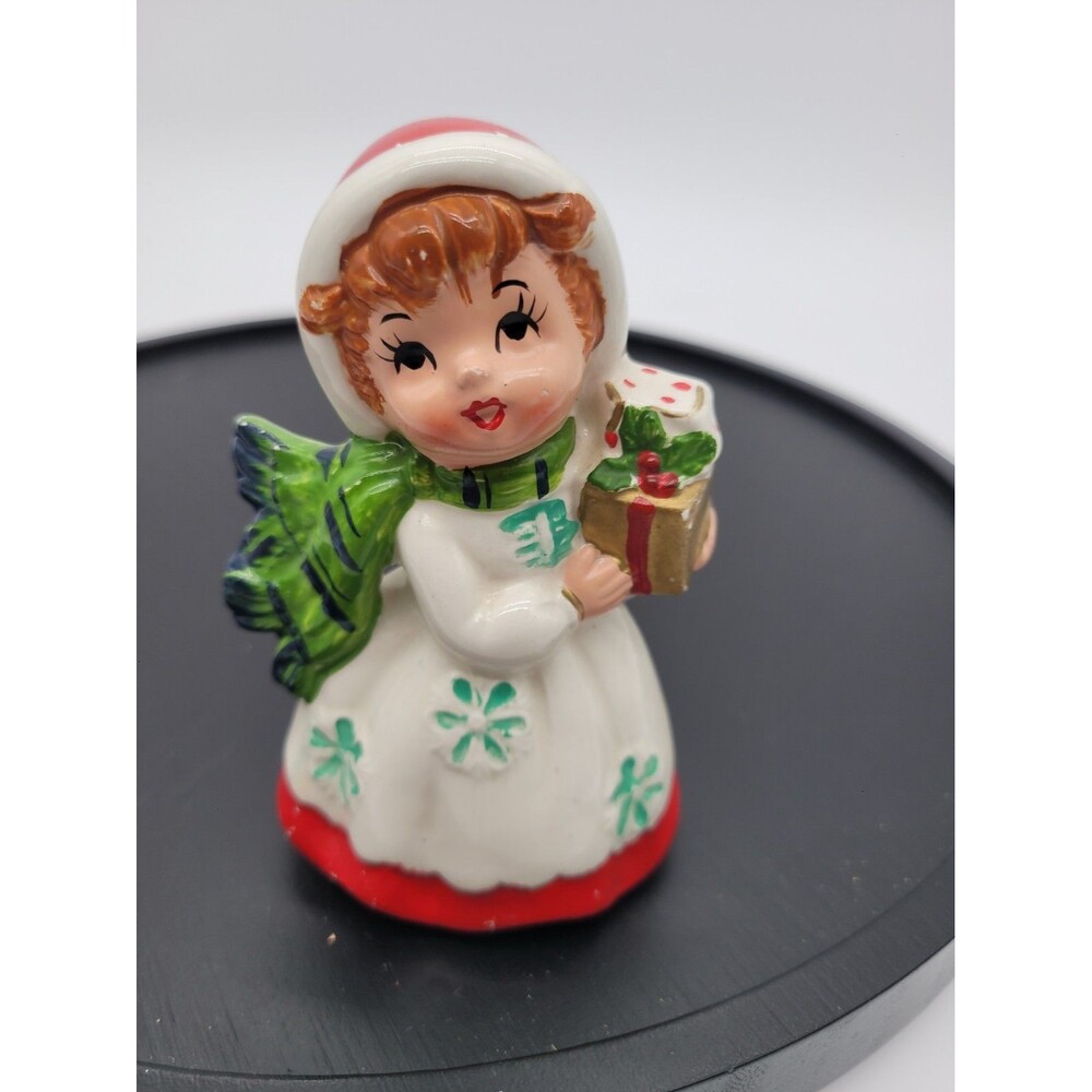 Vintage Lefton Christmas Girl, Red/White/Green, Scarf & Presents #7698 Flaw